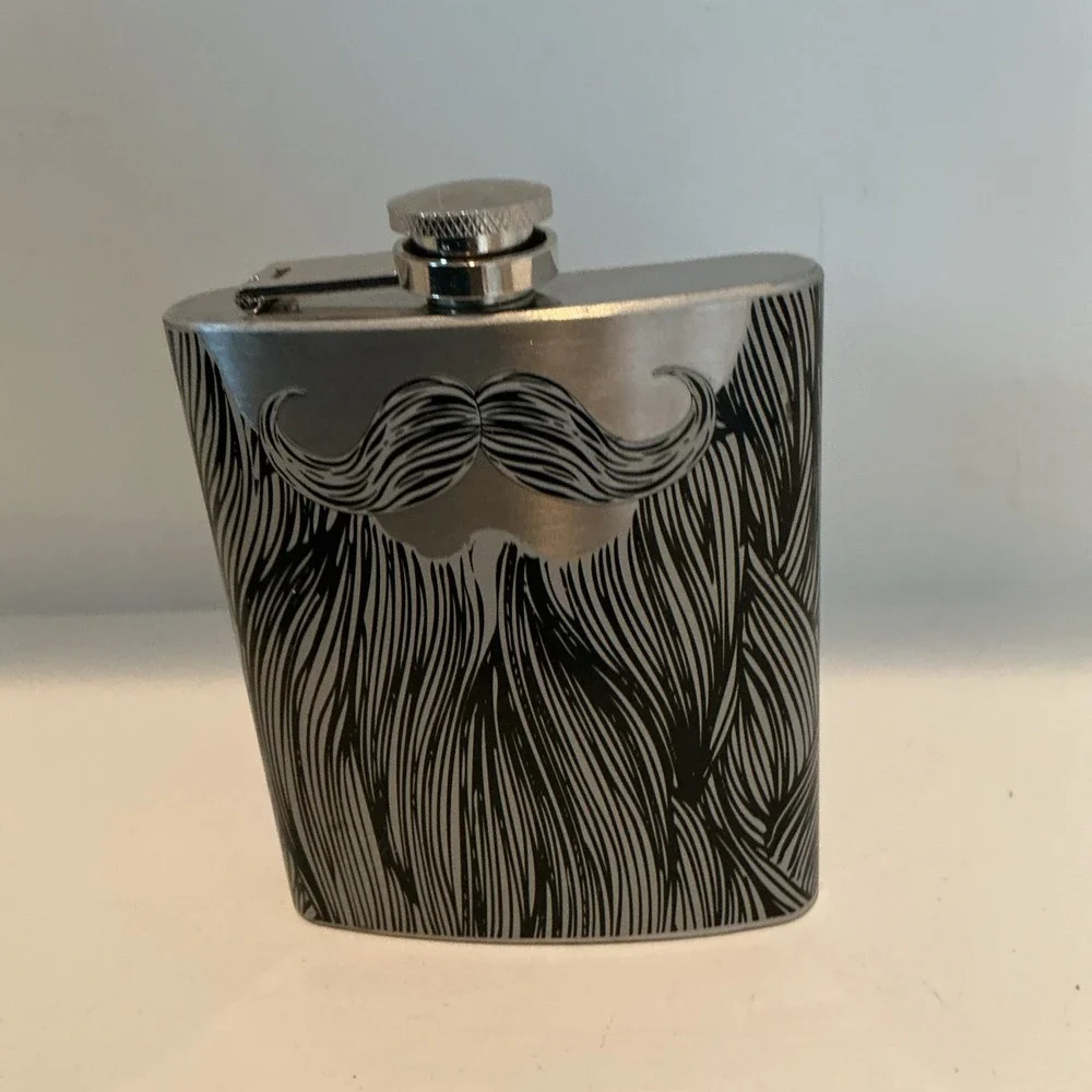 Silver & Black Metal Hip Flask 7 Oz Screw Cap Mustache Beard Novelty NWOT